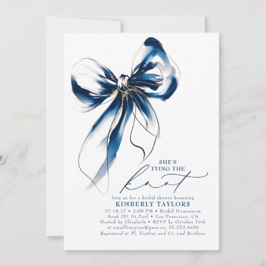 Invitation Blue and Gold Bow Elegant Whimsical Bridal Shower (Devant)