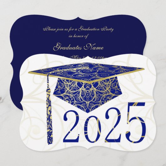 Invitation Blue and Gold Floral Casquette 2025 Graduation Par (Devant / Derrière)