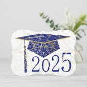 Invitation Blue and Gold Floral Casquette 2025 Graduation Par (Debout devant)