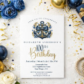 Invitation Blue and Gold Nautical Bow Anchor 100th Birthday