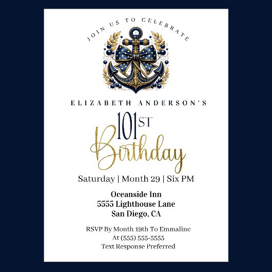 Invitation Blue and Gold Nautical Bow Anchor 101st Birthday