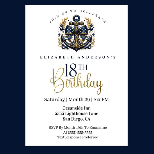 Invitation Blue and Gold Nautical Bow Anchor 18th Birthday