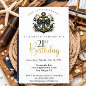 Invitation Blue and Gold Nautical Bow Anchor 21st Birthday