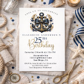 Invitation Blue and Gold Nautical Bow Anchor 25th Birthday