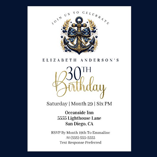 Invitation Blue and Gold Nautical Bow Anchor 30th Birthday