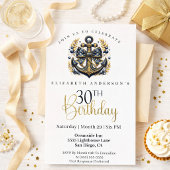 Invitation Blue and Gold Nautical Bow Anchor 30th Birthday