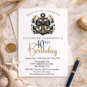 Invitation Blue and Gold Nautical Bow Anchor 40th Birthday