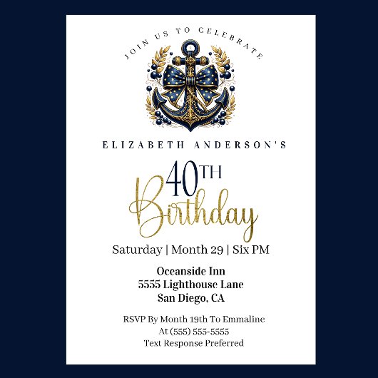 Invitation Blue and Gold Nautical Bow Anchor 40th Birthday