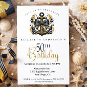 Invitation Blue and Gold Nautical Bow Anchor 50th Birthday
