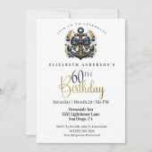 Invitation Blue and Gold Nautical Bow Anchor 60th Birthday (Devant)