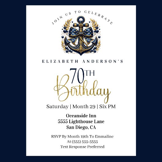 Invitation Blue and Gold Nautical Bow Anchor 70th Birthday