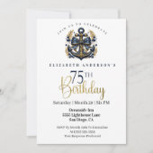 Invitation Blue and Gold Nautical Bow Anchor 75th Birthday (Devant)