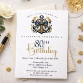 Invitation Blue and Gold Nautical Bow Anchor 80th Birthday