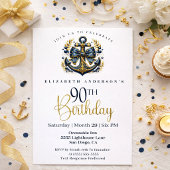 Invitation Blue and Gold Nautical Bow Anchor 90th Birthday