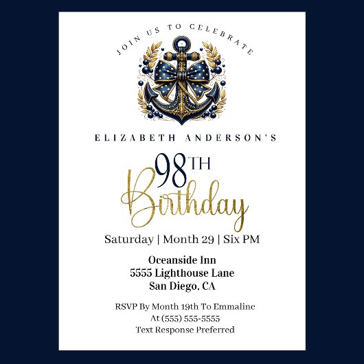 Invitation Blue and Gold Nautical Bow Anchor 98th Birthday