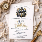 Invitation Blue and Gold Nautical Bow Anchor 99th Birthday