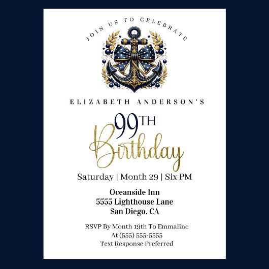 Invitation Blue and Gold Nautical Bow Anchor 99th Birthday