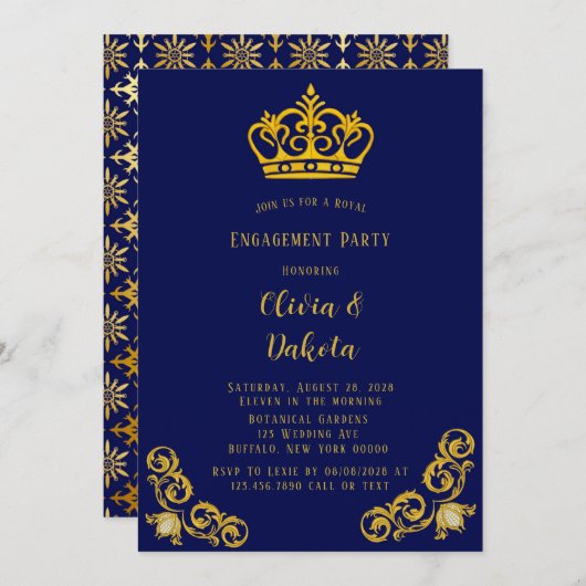 Invitation Blue and Gold Royal Mariage Engagement Party Invit (Devant / Derrière)
