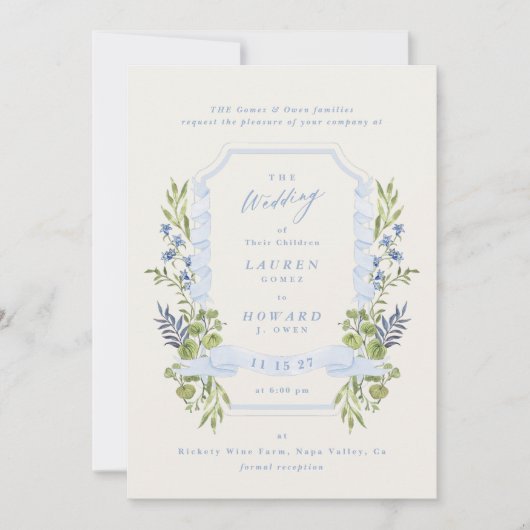 Invitation blue and greenery all in one RSVP DETAILS wedding (Devant)