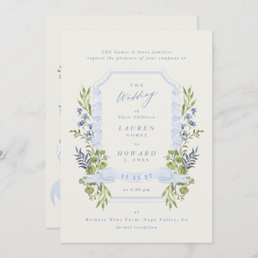 Invitation blue and greenery all in one RSVP DETAILS wedding (Devant / Derrière)