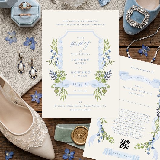 Invitation blue and greenery all in one RSVP DETAILS wedding