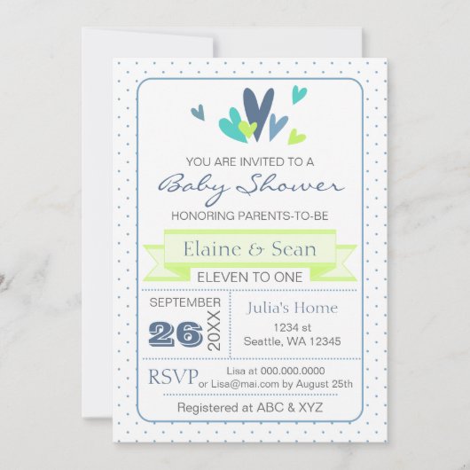 Invitation Blue and Lime Hearts Blue Boys baby shower invitat (Devant)