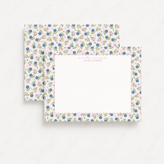 Invitation Blue and Pink Floral Hand Drawn Scallop note card