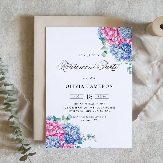 Invitation Blue and Pink Hydrangea Floral Retirement Party