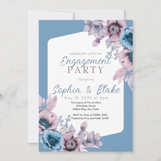 Invitation Blue and Purple Floral Blue Engagement Party (Devant)
