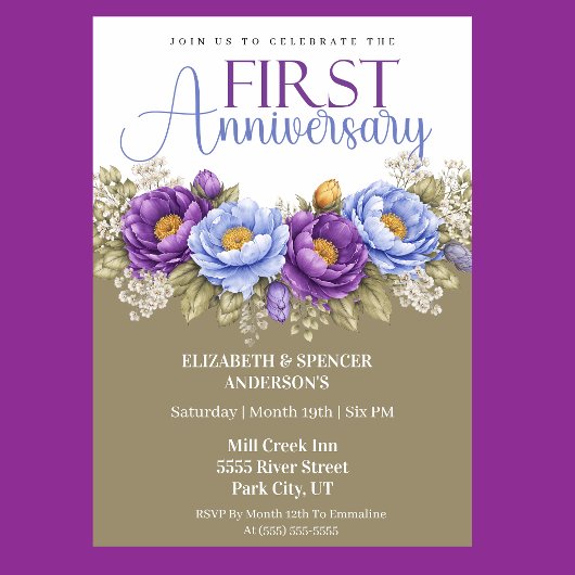Invitation Blue and Purple Peony 1st Wedding Anniversary