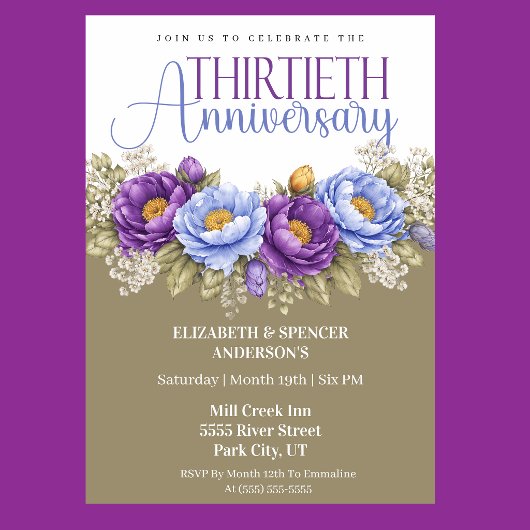 Invitation Blue and Purple Peony 30th Wedding Anniversary