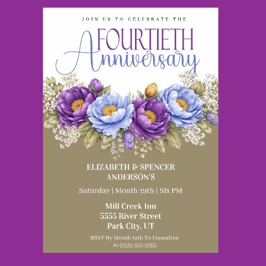 Invitation Blue and Purple Peony 40th Wedding Anniversary