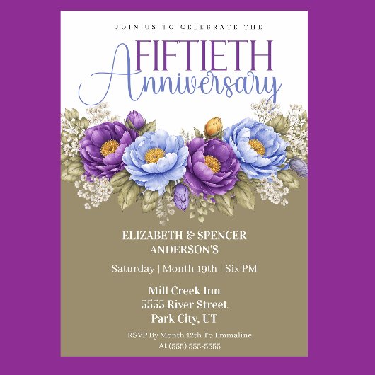 Invitation Blue and Purple Peony 50th Wedding Anniversary
