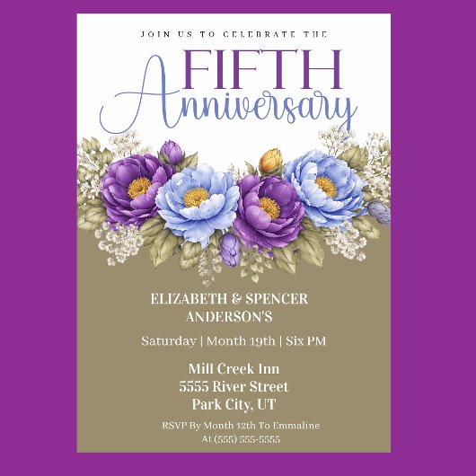 Invitation Blue and Purple Peony 5th Wedding Anniversary