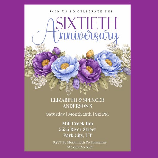 Invitation Blue and Purple Peony 60th Wedding Anniversary