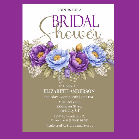 Invitation Blue and Purple Peony Bridal Shower