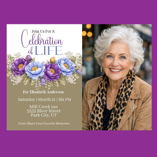 Invitation Blue and Purple Peony Celebration Of Life