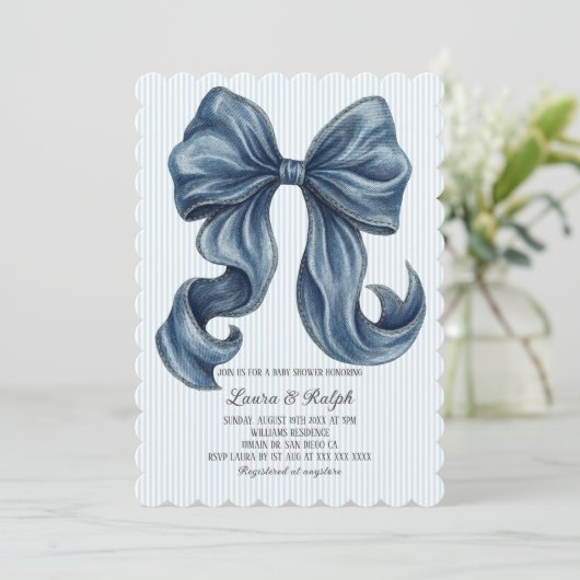Invitation Blue and White Stripes Baby Shower (Debout devant)