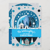 Invitation Blue and White Winter Wonderland Maisons Snow Glob (Devant / Derrière)