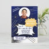 Invitation Blue and Yellow Comic Birthday with picture (Debout devant)