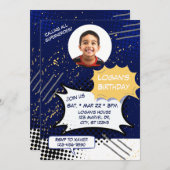 Invitation Blue and Yellow Comic Birthday with picture (Devant / Derrière)