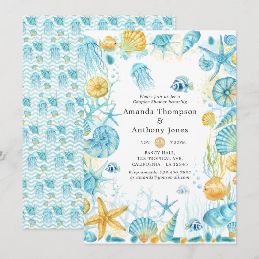 Invitation Blue and Yellow Sea Life Mariage Couples Douche (Devant / Derrière)