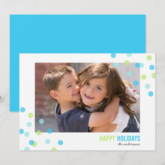 Invitation Blue Aqua Green Confetti Photo Happy Holidays Card (Devant / Derrière)