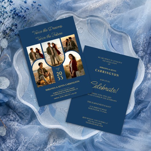 Invitation Blue Arched Collage Double Grads Twins TMF26