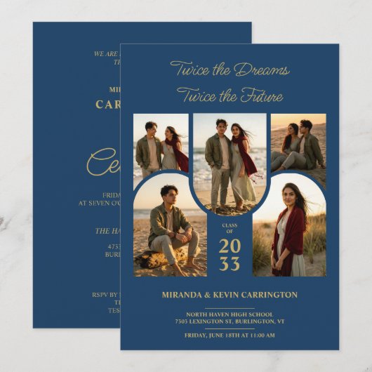 Invitation Blue Arched Collage Double Grads Twins TMF26 (Devant / Derrière)