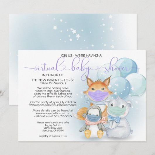 Invitation Blue Arctic Animaux dans les masques Baby shower v (Devant / Derrière)