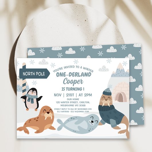 Invitation Blue Arctic Animaux Hiver Onederland 1er anniversa