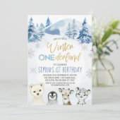 Invitation Blue Arctic Animaux Hiver Onederland Anniversaire (Debout devant)