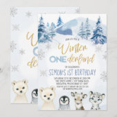 Invitation Blue Arctic Animaux Hiver Onederland Anniversaire (Devant / Derrière)