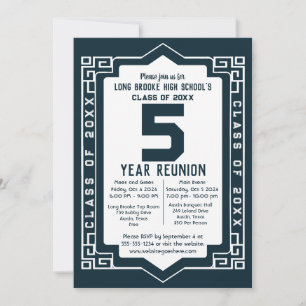 Invitation Blue Art Déco 5 Year High School Class Réunion